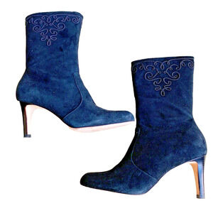 Ann Taylor Black Suede Boots High Heel Mid-Calf Soutache Embroidery  Zip US 7.5M